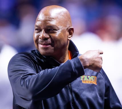 Florida A&M Rattlers head coach Robert McCullum coaches from the sidelines. The Florida mens basketball team hosted Florida A&M at Exactech Arena at the Stephen C. O   Connell Center in Gainesville, FL on Tuesday, November 14, 2023 in the first half. [Doug Engle/Ocala Star Banner]