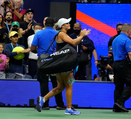 Sep 4, 2021; Flushing, NY, USA; Ashleigh Barty of Australia after losing to Shelby Rogers of the USA on day six of the 2021 U.S. Open tennis tournament at USTA Billie Jean King National Tennis Center. Mandatory Credit: Robert Deutsch-USA TODAY Sports
