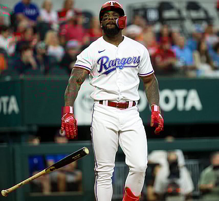 Sep 4, 2023; Arlington, Texas, USA;  Texas Rangers right fielder Adolis Garcia (53) reacts after striking out during the first inning against the Houston Astros at Globe Life Field. Mandatory Credit: Kevin Jairaj-USA TODAY Sports