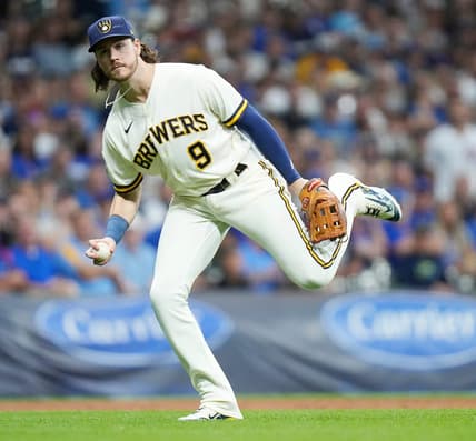 Milwaukee Brewers third baseman Brian Anderson (9) catches the ground ball from Chicago Cubs center fielder Cody Bellinger (24) during the second inning on Wednesday July 5, 2023 at American Family Field in Milwaukee, Wis.