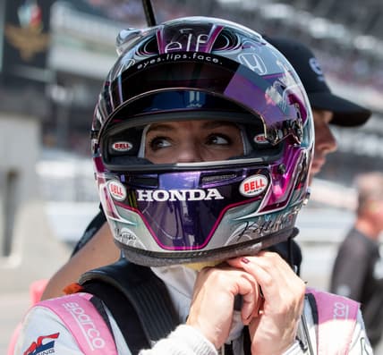 Dale Coyne Racing with RWR driver Katherine Legge (51) takes off her helmet Sunday, May 19, 2024, during practice ahead of