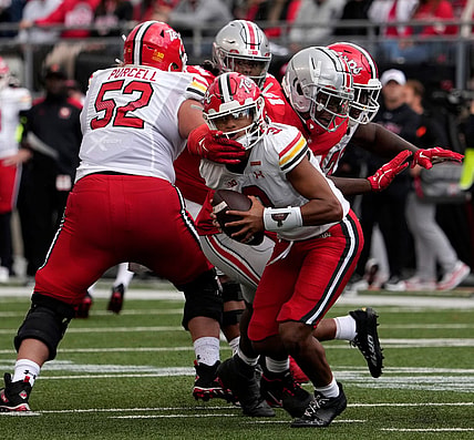 Oct. 7, 2023; Columbus, Oh., USA; 
Maryland Terrapins quarterback Taulia Tagovailoa (3) is nabbed by Ohio State Buckeyes defensive tackle Michael Hall Jr. (51) during the second half of Saturday's NCAA Division I football game at Ohio Stadium.