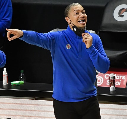 Apr 9, 2021; Los Angeles, California, USA; LA Clippers head coach Tyronn Lue yells to his tea, during the second quarter against the Houston Rockets at Staples Center. Mandatory Credit: Robert Hanashiro-USA TODAY Sports