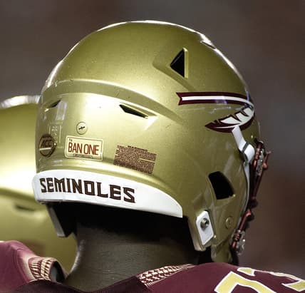Sep 8, 2018; Tallahassee, FL, USA; Florida State Seminoles had a special sticker on their helmets to honor former FSU player Burt Reynolds who died this past week.  The Florida State Seminoles host the Samford Bulldogs at Doak Campbell Stadium. Florida State won 36-26. Mandatory Credit: Glenn Beil-USA TODAY Sports