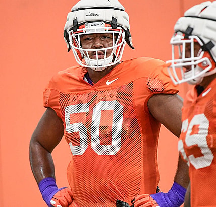 Clemson offensive lineman Kaleb Boateng(50) lines up for a drill during practice at the Poe Indoor Facility at Clemson Tuesday, August 20, 2019.

Clemson Football Practice Monday August 20