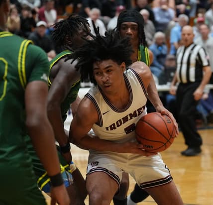 Dylan Harper of Don Bosco comes down with the rebound in the first half as Don Bosco defeated St. Joseph 60-43 to win the semi final in the Bergen Jamboree played in Hackensack, NJ on February 11, 2023.

Don Bosco Defeated St Joseph 60 43 To Win The Semi Final In The Bergen Jamboree Played In Hackensack Nj On February 11 2023