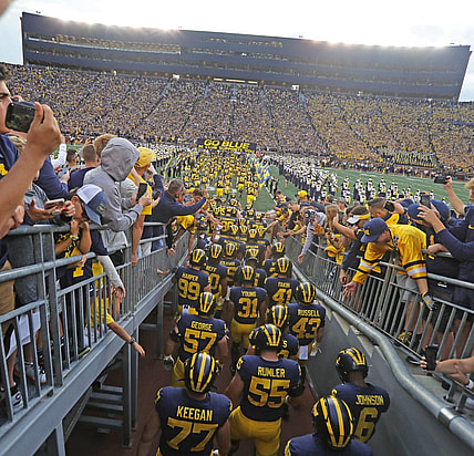 The Michigan Wolverines take the field for the season opener against the Middle Tennessee State Blue Raiders on  Saturday, August 31, 2019 at Michigan Stadium.

Michigan tunnel