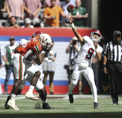 Sep 4, 2021; Atlanta, Georgia, USA;  Alabama quarterback Bryce Young (9) throws against Miami at Mercedes-Benz Stadium. Mandatory Credit: Gary Cosby-USA TODAY Sports