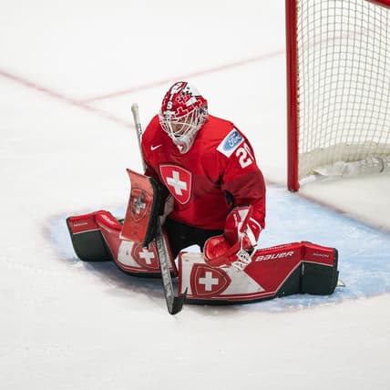 Switzerland's Andrea Brändli makes a save at the Adirondack Bank Center in Utica, NY on Friday, April 5, 2024.