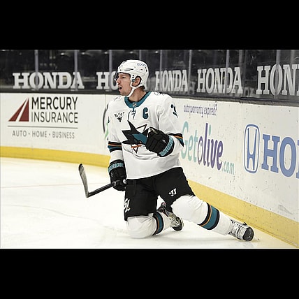 Feb 6, 2021; Anaheim, California, USA; San Jose Sharks center Logan Couture (39) celebrates his goal during the first period against the Anaheim Ducks at Honda Center. Mandatory Credit: Kelvin Kuo-USA TODAY Sports