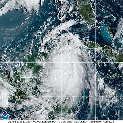Tropical Storm Idalia, now forecast to become a major hurricane before a landfall along Florida's northern Gulf Coast, moves closer toward the Gulf of Mexico in this image taken by NOAA satellite on the morning of Aug. 28, 2023.
