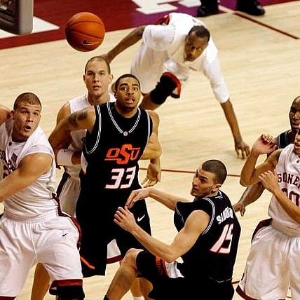 From left, OU's Blake Griffin, OU's Taylor Griffin, OSU's Marshall Moses (33) OSU's Nick Sidorakis, OSU's Marcus Dove and OU's Austin Johnson (20) go after a rebound in the first half during the men's Bedlam basketball game between Oklahoma State University and the University of Oklahoma at Lloyd Noble Center in Norman, Okla., Monday, January 28, 2008. BY MATT STRASEN, THE OKLAHOMAN ORG XMIT: KOD