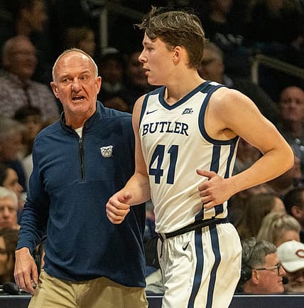 Butler Bulldogs head coach Thad Matta chats with Butler Bulldogs guard Simas Lukosius (41) at Hinkle Fieldhouse, Tuesday, Dec. 6, 2022, as Yale loses to the Butler men, 61-71.