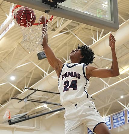 Dec 14, 2021; Gilbert, AZ, United States; Perry's Cody Williams (24) dunks against Mountain Pointe during a game at Perry High School.

Perry V Mountain Pointe