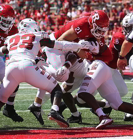 Johnny Langan of Rutgers scores one his first half TD's as Temple played Rutgers in the season opener at SHI Stadium in Piscataway, NJ on September 4, 2021.

Temple Played Rutgers In The Season Opener At Shi Stadium In Piscataway Nj On September 4 2021