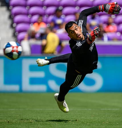 Apr 20, 2019; Orlando, FL, USA; Orlando City goalkeeper Greg Ranjitsingh (18) warms up on the field prior to the game against the Vancouver Whitecaps at Orlando City Stadium. Mandatory Credit: Douglas DeFelice-USA TODAY Sports