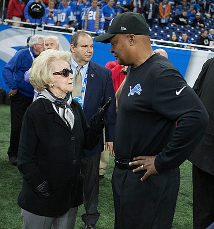 Detroit Lions owner Martha Firestone Ford talks with head coach Jim Caldwell before the game against the Green Bay Packers on Sunday, Dec. 31, 2017 at Ford Field in Detroit.

636503207024649966 Lions 123117kirthmon F Dozier2 Jpg