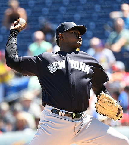 Mar 25, 2022; Clearwater, Florida, USA; New York Yankees pitcher Luis Severino (40) throws a pitch in the first inning against the Philadelphia Phillies during spring training at BayCare Ballpark. Mandatory Credit: Jonathan Dyer-USA TODAY Sports