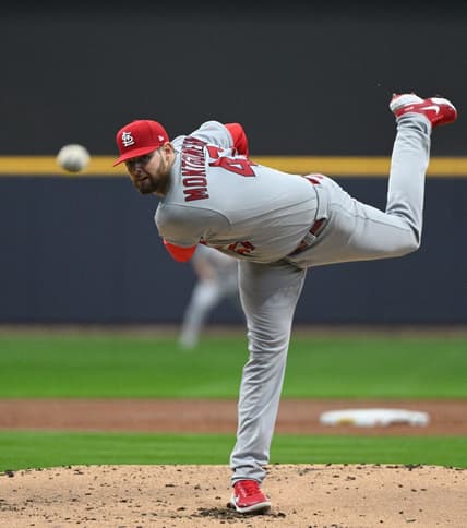 Apr 8, 2023; Milwaukee, Wisconsin, USA; St. Louis Cardinals starting pitcher Jordan Montgomery (47) delivers a pitch against the Milwaukee Brewers in the first inning at American Family Field. Mandatory Credit: Michael McLoone-USA TODAY Sports