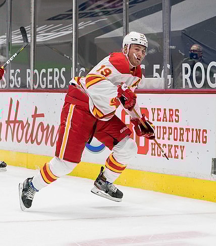 Feb 15, 2021; Vancouver, British Columbia, CAN; Calgary Flames forward Matthew Tkachuk (19) skates against the Vancouver Canucks  in the third period period at Rogers Arena. Flames won 4-3 in Overtime. Mandatory Credit: Bob Frid-USA TODAY Sports