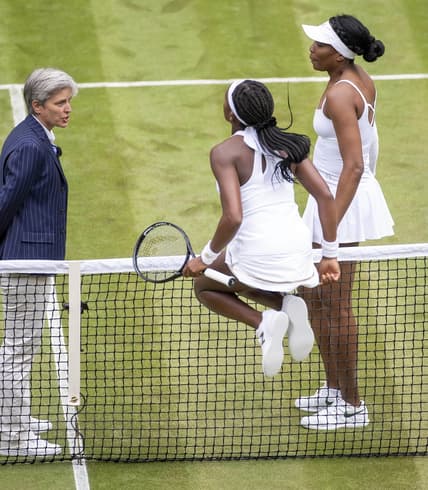 Jul 1, 2019; London, United Kingdom; Venus Williams (USA), Cori Gaulf (USA) and chair umpire, Marija Cicak, before their match on day one at the All England Lawn and Croquet Club. Mandatory Credit: Susan Mullane-USA TODAY Sports