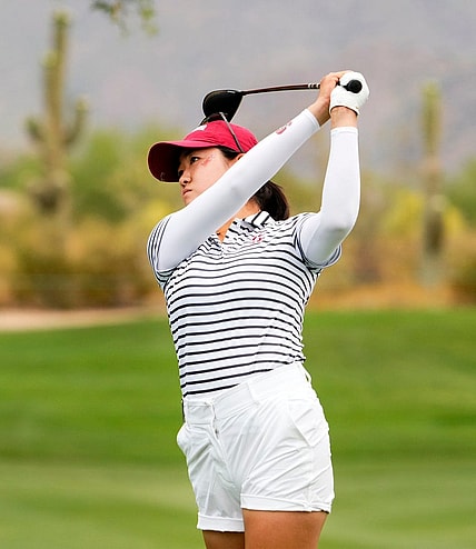 Rose Zhang from Stanford plays her tee shot on the 10th hole during the first day of stroke play competition at the NCAA Division I Women's Golf Championships at Grayhawk Golf Club in Scottsdale on May 19, 2023.