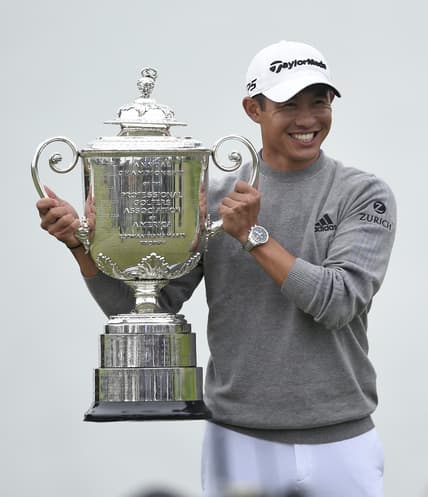 Aug 9, 2020; San Francisco, California, USA; Collin Morikawa poses with the Wanamaker Trophy after winning the 2020 PGA Championship golf tournament at TPC Harding Park. Mandatory Credit: Kelvin Kuo-USA TODAY Sports