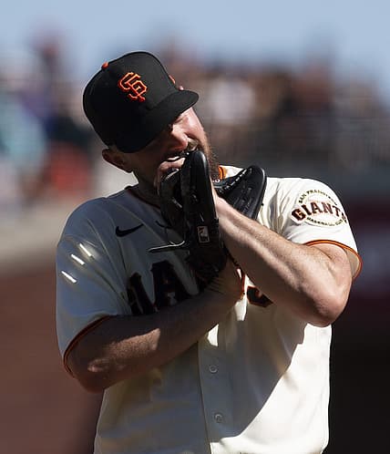 Sep 4, 2022; San Francisco, California, USA; San Francisco Giants starting pitcher Carlos Rodon (16) reacts to a ball four call during the sixth inning against the Philadelphia Phillies at Oracle Park. Mandatory Credit: D. Ross Cameron-USA TODAY Sports