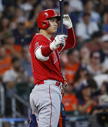 Jul 3, 2022; Houston, Texas, USA; Los Angeles Angels designated hitter Shohei Ohtani (17) bats during the fifth inning against the Houston Astros at Minute Maid Park. Mandatory Credit: Troy Taormina-USA TODAY Sports