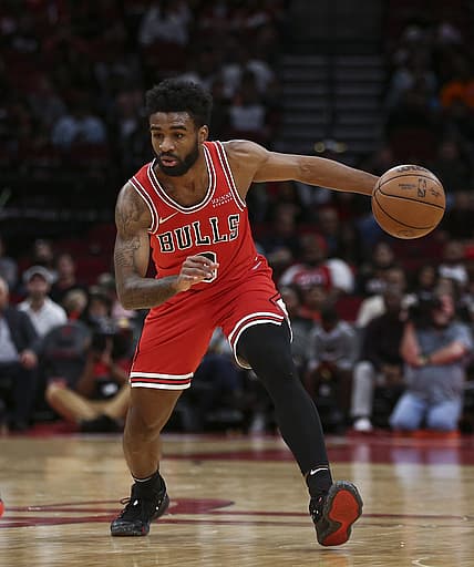 Nov 24, 2021; Houston, Texas, USA; Chicago Bulls guard Coby White (0) in action against the Houston Rockets at Toyota Center. Mandatory Credit: Troy Taormina-USA TODAY Sports