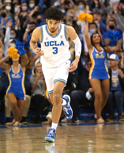 Feb 17, 2022; Los Angeles, California, USA;  UCLA Bruins guard Johnny Juzang (3) heads down court after a three point basket in the first half of the game against the Washington State Cougars at Pauley Pavilion presented by Wescom. Mandatory Credit: Jayne Kamin-Oncea-USA TODAY Sports