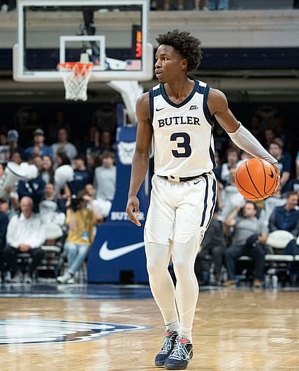 Butler Bulldogs guard Chuck Harris (3) takes the ball up the court Monday, Nov. 7, 2022, at Hinkle Fieldhouse in Indianapolis.

Butler 11072022 Af015