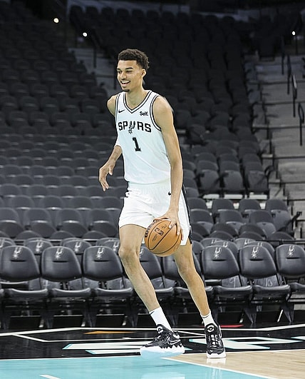 Jun 24, 2023; San Antonio, TX, USA; San Antonio Spurs draft pick Victor Wembanyama shoots around at a press conference at AT&T Center. Mandatory Credit: Troy Taormina-USA TODAY Sports