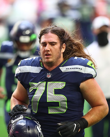 Jan 3, 2021; Glendale, Arizona, USA; Seattle Seahawks offensive tackle Chad Wheeler (75) against the San Francisco 49ers at State Farm Stadium. Mandatory Credit: Mark J. Rebilas-USA TODAY Sports