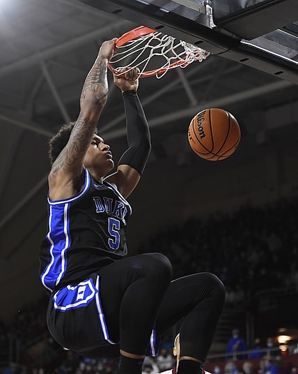 Feb 12, 2022; Chestnut Hill, Massachusetts, USA;  Duke Blue Devils forward Paolo Banchero (5) dunks the ball during the first half against the Boston College Eagles at Conte Forum. Mandatory Credit: Bob DeChiara-USA TODAY Sports