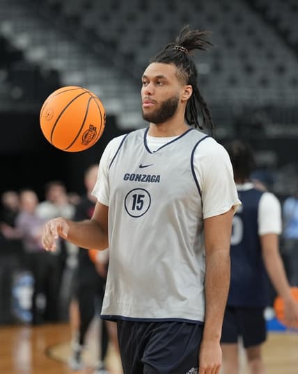 Mar 22, 2023; Las Vegas, NV, USA; Gonzaga Bulldogs center Efton Reid III (15) during practice at T-Mobile Arena. Mandatory Credit: Joe Camporeale-USA TODAY Sports