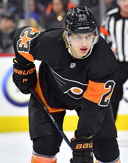 Mar 31, 2019; Philadelphia, PA, USA; Philadelphia Flyers left wing Oskar Lindblom (23) against the New York Rangers during the second period at Wells Fargo Center. Mandatory Credit: Eric Hartline-USA TODAY Sports