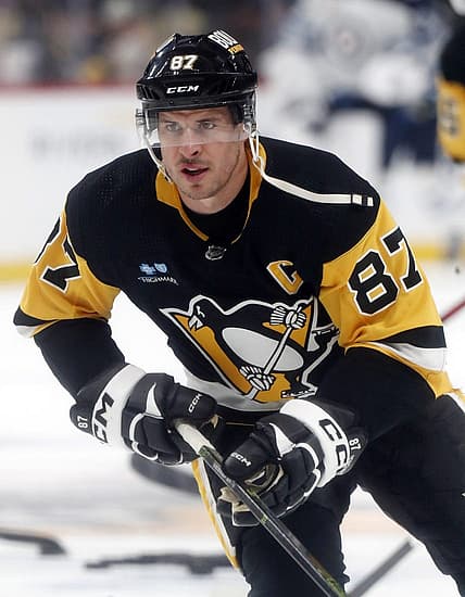 Feb 6, 2024; Pittsburgh, Pennsylvania, USA;  Pittsburgh Penguins center Sidney Crosby (87) warms up before the game against the Winnipeg Jets at PPG Paints Arena. Mandatory Credit: Charles LeClaire-USA TODAY Sports