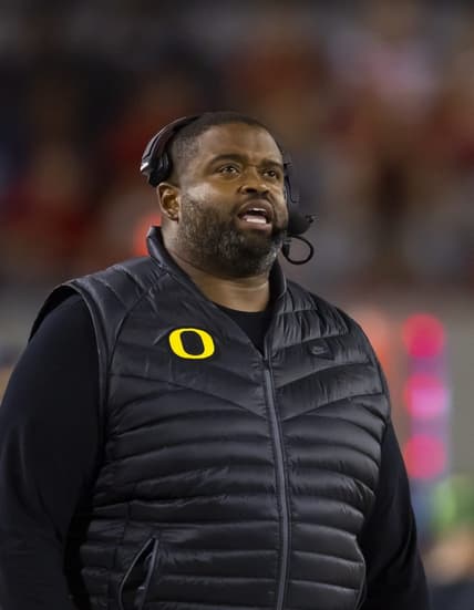 Oct 8, 2022; Tucson, Arizona, USA; Oregon Ducks associate head coach Adrian Klemm against the Arizona Wildcats at Arizona Stadium. Mandatory Credit: Mark J. Rebilas-USA TODAY Sports