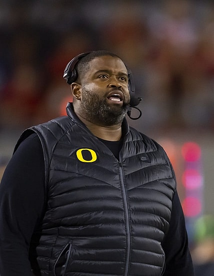 Oct 8, 2022; Tucson, Arizona, USA; Oregon Ducks associate head coach Adrian Klemm against the Arizona Wildcats at Arizona Stadium. Mandatory Credit: Mark J. Rebilas-USA TODAY Sports