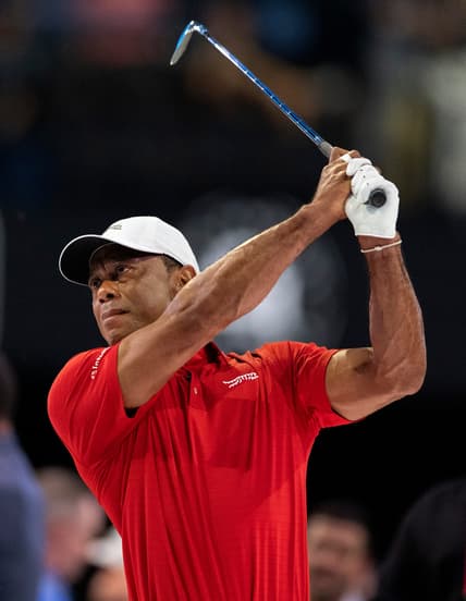 Tiger Woods of Jupiter Links GC warms up before match against the Los Angeles Golf Club who won the TGL finals at SoFi Center on