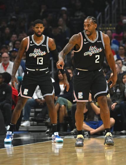 Nov 19, 2022; Los Angeles, California, USA;  Los Angeles Clippers forward Kawhi Leonard (2) and guard Paul George (13) defend down court in the first quarter against the San Antonio Spurs at Crypto.com Arena. Mandatory Credit: Jayne Kamin-Oncea-USA TODAY Sports