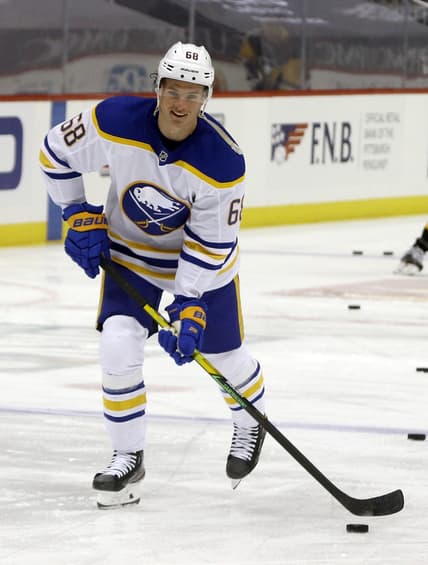 Mar 25, 2021; Pittsburgh, Pennsylvania, USA;  Buffalo Sabres right wing Victor Olofsson (68) warms up before playing the Pittsburgh Penguins at PPG Paints Arena. Mandatory Credit: Charles LeClaire-USA TODAY Sports