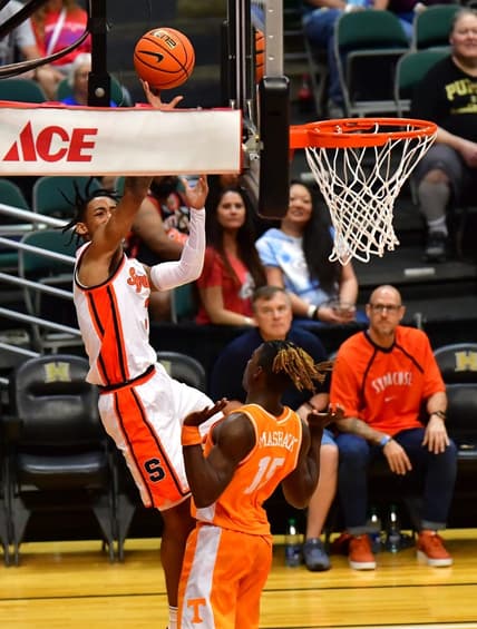 Nov 20, 2023; Honolulu, Hawaii, USA;  Syracuse Orange guard Judah Mintz (3) attempted a shot while defended by Tennessee Volunteers guard Jahmai Mashack (15) during the second period at SimpliFi Arena at Stan Sheriff Center. Mandatory Credit: Steven Erler-USA TODAY Sports