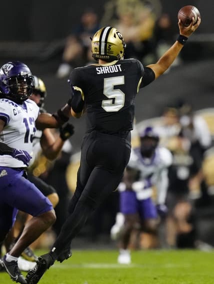 Sep 2, 2022; Boulder, Colorado, USA; Colorado Buffaloes quarterback J.T. Shrout (5) passes the ball in the second quarter against the TCU Horned Frogs at Folsom Field. Mandatory Credit: Ron Chenoy-USA TODAY Sports