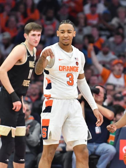 Mar 4, 2023; Syracuse, New York, USA; Syracuse Orange guard Judah Mintz (3) reacts to drawing a foul after making a basket in the first half against the Wake Forest Demon Deacons at JMA Wireless Dome. Mandatory Credit: Mark Konezny-USA TODAY Sports