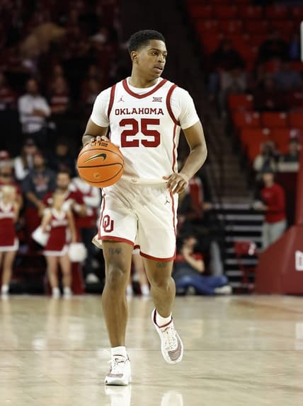 Nov 18, 2022; Norman, Oklahoma, USA; Oklahoma Sooners guard Grant Sherfield (25) dribbles against the South Alabama Jaguars in the second half at Lloyd Noble Center. Oklahoma won 64-60. Mandatory Credit: Alonzo Adams-USA TODAY Sports