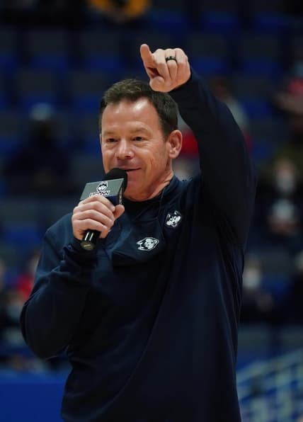 Nov 14, 2021; Hartford, Connecticut, USA; The new UConn Huskies Football head coach Jim Mora address the Huskies women   s basketball crowd during a break in the action against the Arkansas Razorbacks at XL Center. Mandatory Credit: David Butler II-USA TODAY Sports