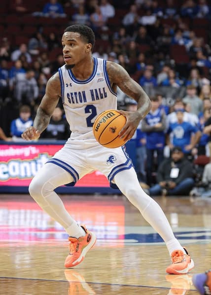 Nov 6, 2023; Newark, New Jersey, USA; Seton Hall Pirates guard Al-Amir Dawes (2) dribbles during the second half against the St. Peter's Peacocks at Prudential Center. Mandatory Credit: Vincent Carchietta-USA TODAY Sports