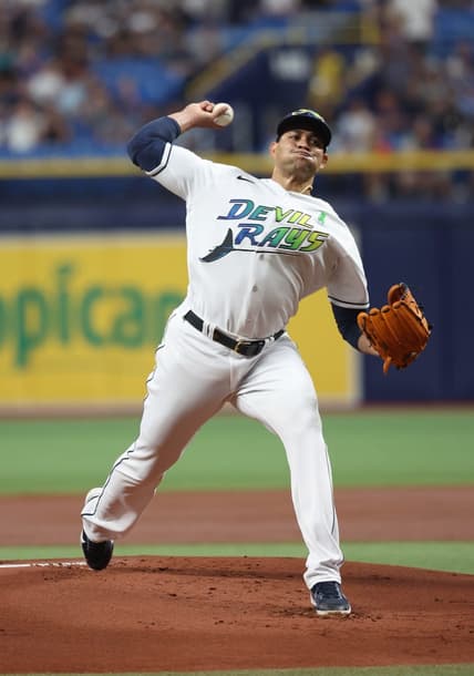 May 5, 2023; St. Petersburg, Florida, USA; Tampa Bay Rays relief pitcher Yonny Chirinos (72) throws a pitch during the first inning against the New York Yankees during the first inning at Tropicana Field. Mandatory Credit: Kim Klement-USA TODAY Sports